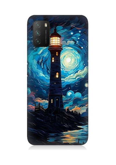 Xiaomi Poco M3 Uyumlu Ay Işığında Yalnız Deniz Feneri Desenli Silikon Kılıf
