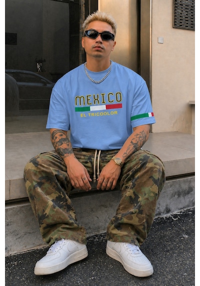 Tarz Cool Erkek Regular Baskılı Tişört Mexico Yazılı %100 Pamuk Rahat Kesim T-shirt Mavi