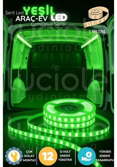 Lumidrive 1m Yeşil 12v Şerit Led Araç İçi Dekor Işığı, Kablolu, Yapışkanlı, Kesilebilir, 2835