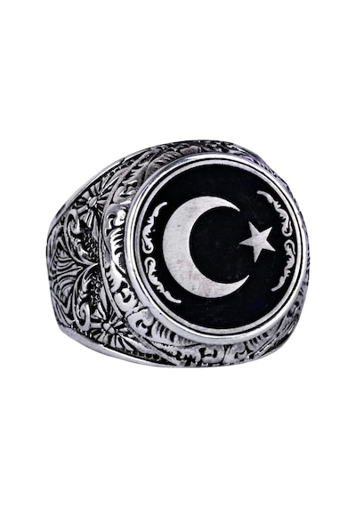 Yıldız Ve Ay Yüzüğü - Erkekler İçin 925 Ayar Gümüş Bayrak Yüzüğü Gümüş