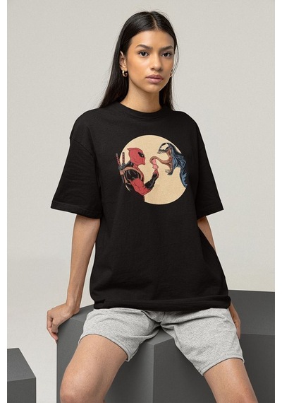 Deadpool X Venom Baskılı Unisex Tişört, Oversize Marvel Film Kara Siyah