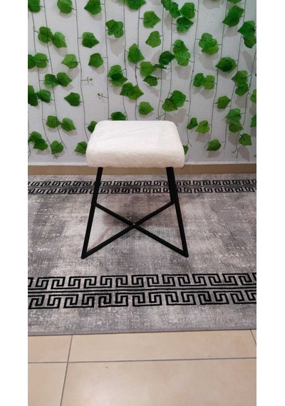 Özcan Metal Metal Puf Teddy Kumaş Dekoratif Çok Amaçlı Peluş Puf Tabure Bench Koltuk Sandalye Beyaz