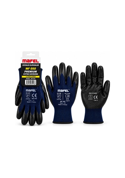 12 Adet Zebra Mavi Siyah No 10 Xl Nitril İşçi Eldiven Poşetli Ambalaj Kesilme Direnç Standart