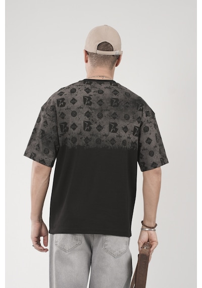 King-Brich Oversize Kalıp Logo Baskılı Bisiklet Yaka Basic Tişört Siyah