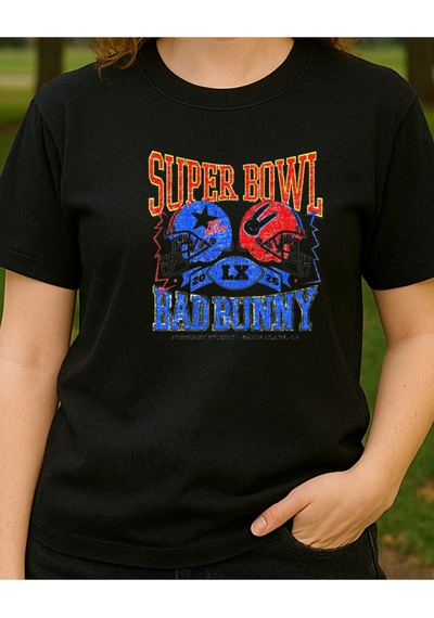 Super Bowl Baskılı Bad Bunny T-shirt Siyah