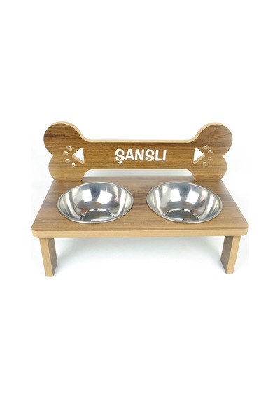 Köpek Su Ve Mama Kabı - Kemik Model - Özel İsim Baskılı -büyük Irk-ceviz Mdf - Çelik Kase - 2 1000ml