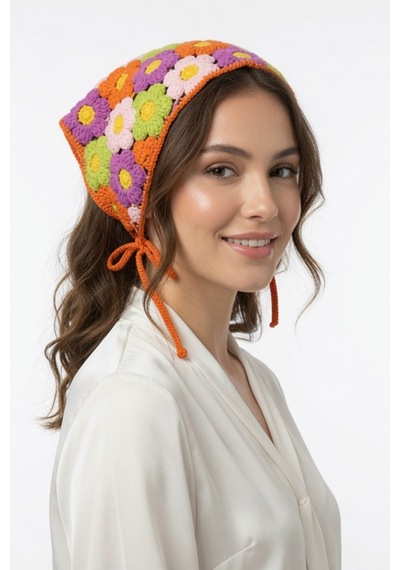 Çicekli Renkli Örgü Bandana Kadın Granny Square Yazlık Aksesuar Turuncu