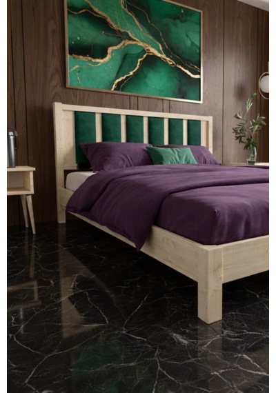 Ori On Zümrüt Yeşili Puf Başlıklı Masif Ahşap Natürel 90x190