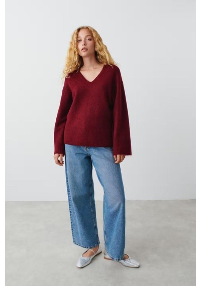 Madmext Koyu Bordo V Yaka Oversize Kadın Triko Kazak Mg2149 Koyu Bordo