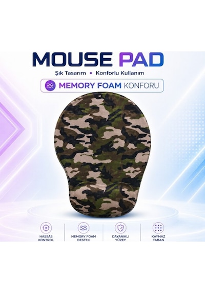 Black Flex Dijital Baskılı Memory Foam Ergonomik Bilek Destekli Haki Army Mause Pad
