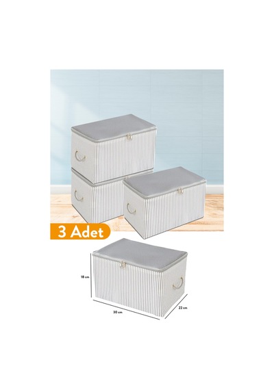 3 Adet - Mini Boy Baskı Detaylı Antrasit Çizgili Hurç 30 X 22 X 18 Cm Pamuklu Gri Diğer