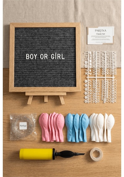 Gender Reveal Cinsiyet Partisi Süsleme Classic Set Kız Mı Erkek Mi Koyu Gri Keçe Yazı Panosu Standlı Pompa Balon Zincirli 3+