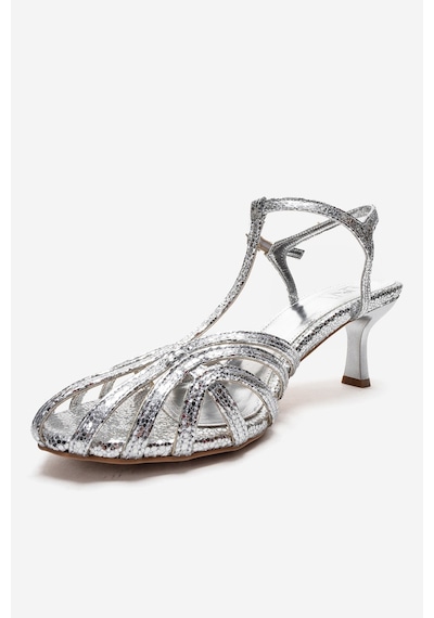 Luvishoes Felip Gümüş Desenli Bantlı Kadın Kısa Topuklu Ayakkabı Gümüş
