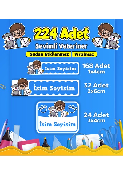 Sevimli Veteriner Temalı Okul Kreş Kişiye Özel İsim Etiket Seti - Model 519 Çok Renkli