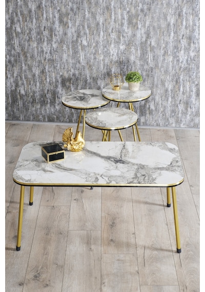 Zigon Sehpa Ve Orta Sehpa Kr Set Çift Gold Metal Beyaz Mermer Desen