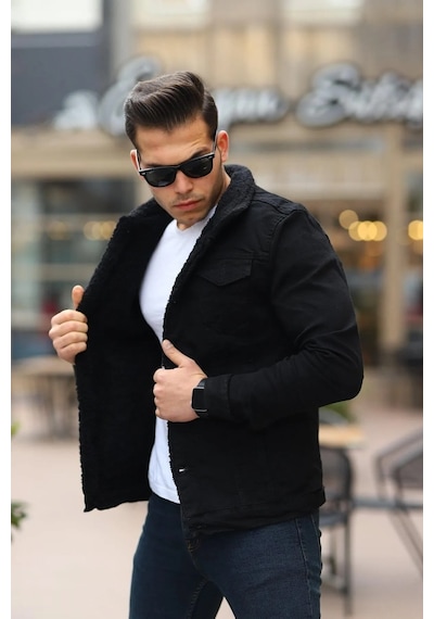 E-fendi Erkek Kürklü Denim Kot Mont Kışlık Sıcak Ve Şık Dış Giyim Siyah - Siyah