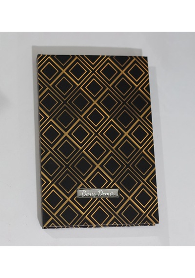 Kişiye Özel Gold Kareli Defter & Siyah Roller Kalem Hediye Seti Ofis Hediyesi