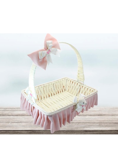 Saplı Dikdörtgen Kumaş Süslü Sepet 30 Cm Orta Boy Pembe