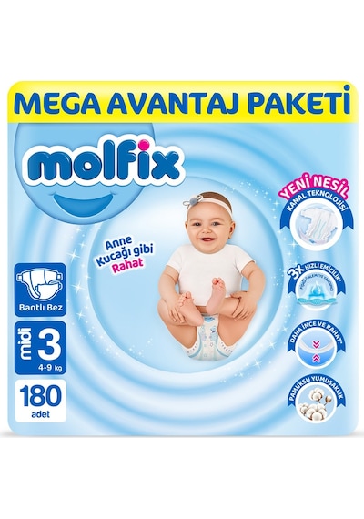 Molfix Bebek Bezi 3 Beden Midi Mega Avn. Paket 180 Adet