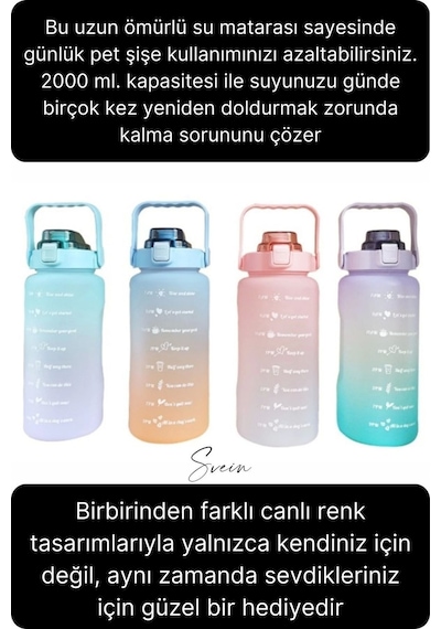 Premium 2 Lt Pipetli Kilitli Sızdırmaz Kapaklı Tutma Saplı Motivasyon Suluk Matara Sporcu Su Şişesi