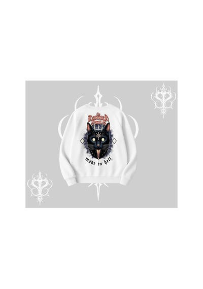 Tarzsokak Gothic Cat Made İn Hell Baskılı Sweatshirt Biskilet Sweatshirt Beyaz