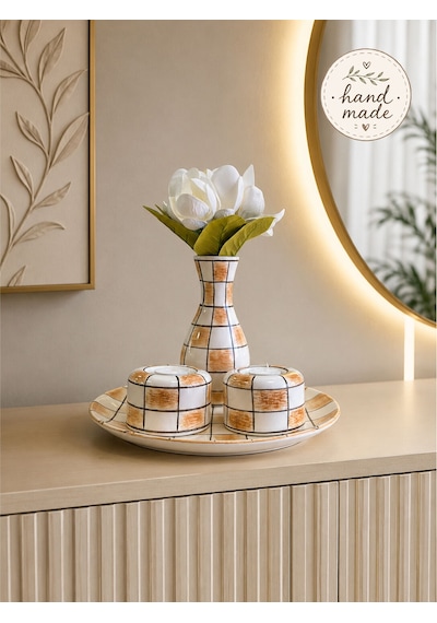 Dekoratif Salon Tabak Seti Kahverengi Damalı