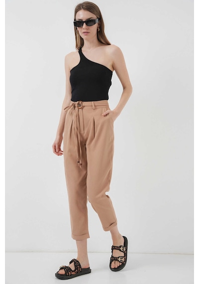 Bigdart Gabria Kemerli Duble Paça Keten Pantolon Camel