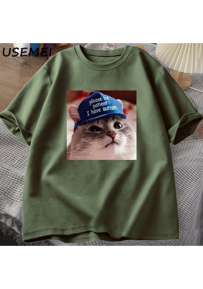 Flood Of Style Lütfen Sabırlı Olun Ben Otizm Kedi Grafik T Shirt Erkek T-shirt Adam Giysileri Kısa Kollu Pam Yeşil