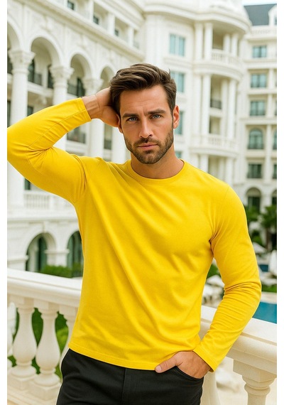 Rich Erkek Uzun Kollu Bisiklet Yaka Tişört - %100 Pamuk Basic Relaxed T-shirt Sarı