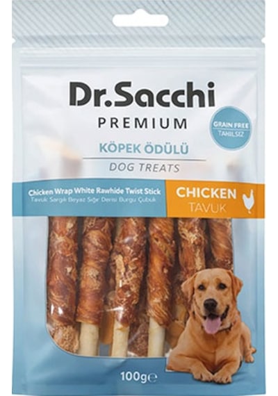 Dr.sacchi Premium Tavuk Sargılı Beyaz Sığır Derisi Burgu Çubuk Tahılsız Köpek Ödülü 5 10lu 100 Gr 109-30007.01