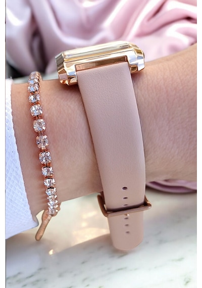 Pudra Deri Kayışlı Rose Gold Dikdörtgen Kasa Kadın Kol Saati, Taşlı Bileklik Hediyeli Rose Gold