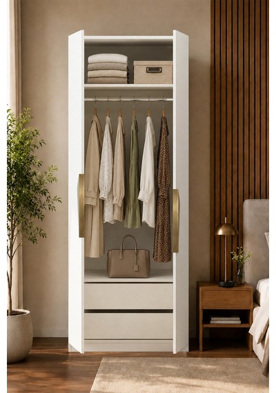 Gama 2 Kapaklı Çekmeceli Modül Askılı Raflı Tasarım Kulplu 253 Cm Gardırop Elbise Dolabı Beyaz Gama 2 Kapaklı Çekmeceli Modül Askılı Raflı Tasarım Kulplu 253 Cm Gardırop Elbise Dolabı Beyaz