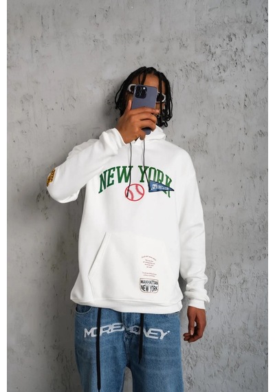 Baskılı Kapüşonlu Sweatshirt - Beyaz - Beyaz