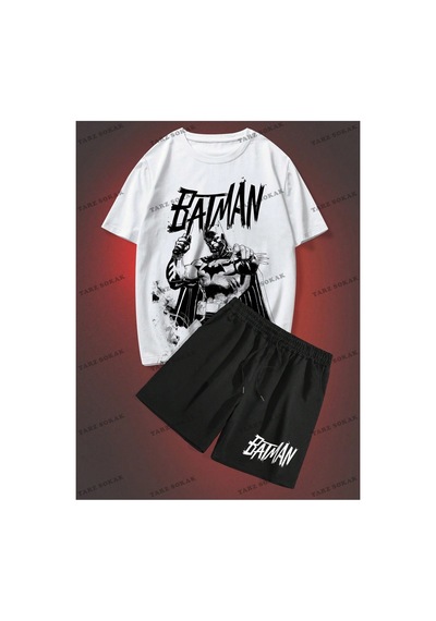Batman X Romwe Erkek Karikatür Baskılı Yuvarlak Yaka T-shirt Ve Şort İkili Takım Beyaz