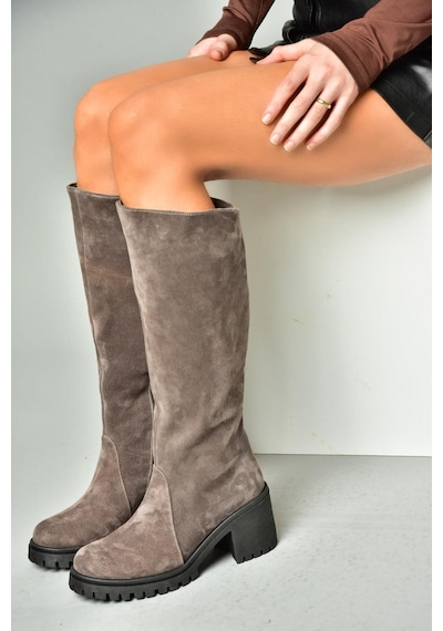 Fox Shoes R654047702 Füme Hakiki Deri Süet Kalın Topuklu Kadın Çizme Füme