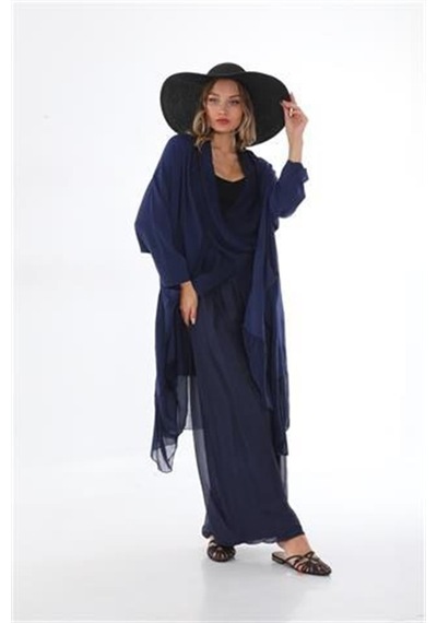 Italyan Ipek Detaylı Oversize Kap Bluz- Wes Pantolon Takım Lacivert