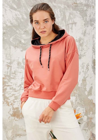 Tommy Life Pudra Uzun Kol Rahat Form Kapüşonlu Kadın Sweatshirt - 97115 Pudra