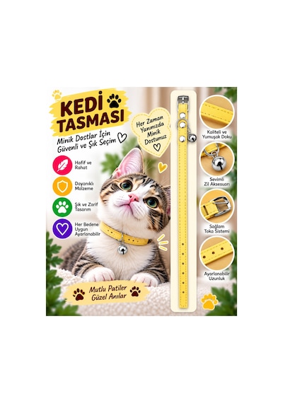 Kedi Tasması Sarı Deri Zilli Ayarlanabilir Boyun Tasması