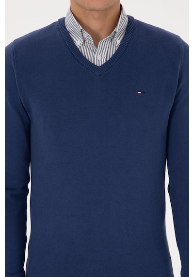 U.S. Polo Assn. Erkek Slim Fit V Yaka İndigo Basic Kazak 50313668-VR028