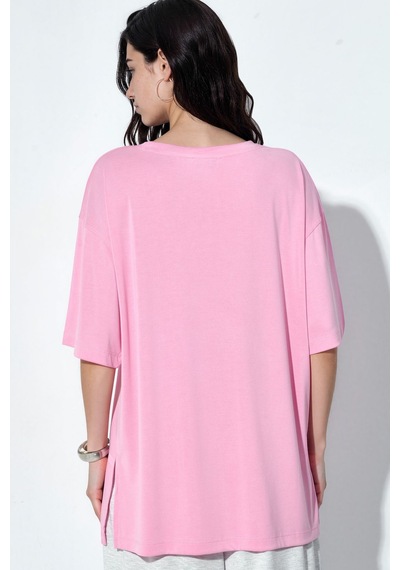 Hiccup Busem Yırtmaç Detaylı Bisiklet Yaka Kısa Kollu T-shirt Allık Pembe