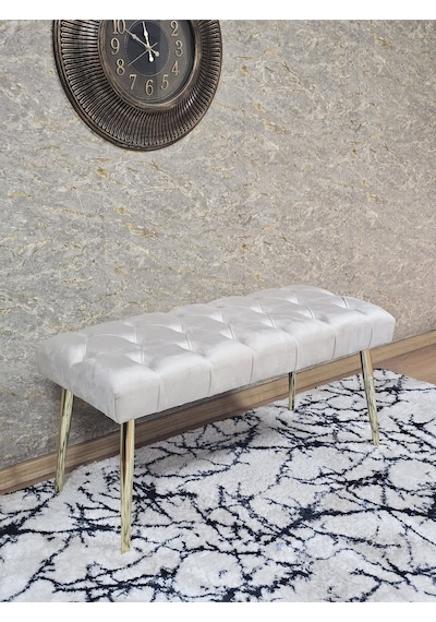 Zafir Gold Kaplama Sivriltme Ayaklı 90 Cm Puf Bench - Puf - Bench - Kasalı Oturak - Oturak - Yatak Ucu Puf Krem