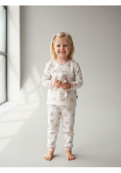 Kız Çocuk Pamuklu Fiyonk Baskılı Pijama Takımı-16833 Pudra