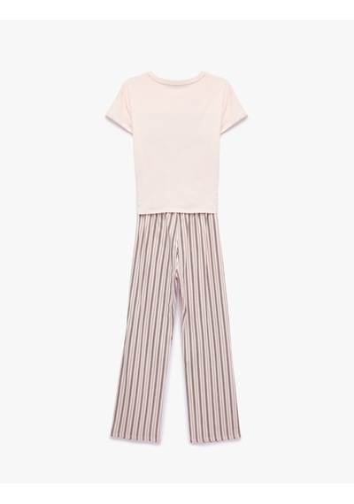 Koton Kısa Kollu Bisiklet Yaka Rahat Kalıp Baskılı Pijama Takımı Pembe 7wlk40179mk Gül