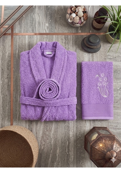 Premium 2'li Aile Bornoz Seti Çeyizlik Pamuklu Hediyelik Banyo Takımı S/m Lavanta
