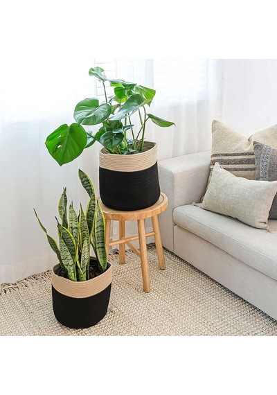 Mavaux Ikili Dekoratif Jüt Saplı Hasır Sepet Saksı 30 Cm Ve 25 Cm , Dekoratif Saksı Ve Havluluk Siyahjüt