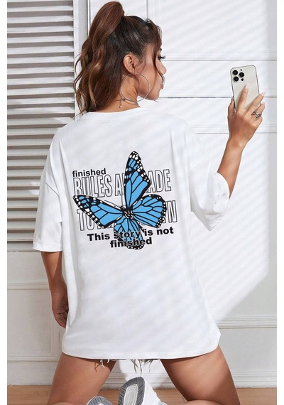 Unisex Kelebek Baskılı Tasarım Tshirt Beyaz