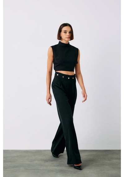 Sateen Çıt Çıt Detaylı Pantolon Siyah
