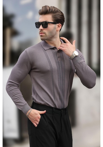 Madmext Koyu Gri Polo Yaka Çizgili Erkek Triko Kazak 7265 Koyu Gri