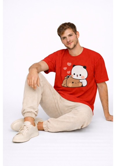 Nevermınd Sevimli Panda Baskılı Sevgili Kombini Çift Tişört Oversize Unisex Çift Kombin 2'li Set Kırmızı Kırmızı Nevermınd Sevimli Panda Baskılı Sevgili Kombini Çift Tişört Oversize Unisex Çift Kombin 2'li Set Kırmızı Kırmızı