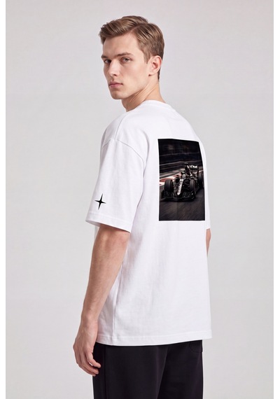 Black Nova Oversize Baskılı Unisex Tişört F1 Beyaz